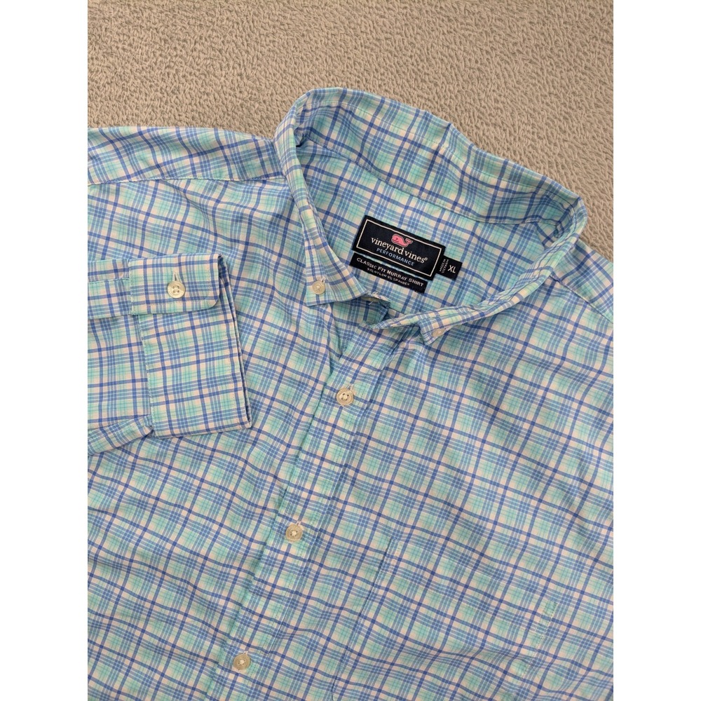 Vineyard Vines Performance Murray Shirt XL Blue Green Plaid Classic Fit ButtonUp